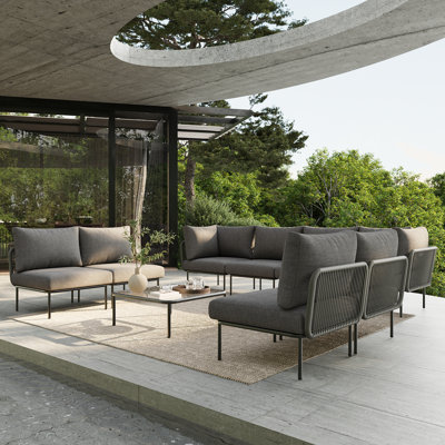 Ebern Designs 9 Pieces Aluminum Patio Furniture Set, Modern Modular Sectional Sofa with Coffee Table and Upgrade Thickness Cushion