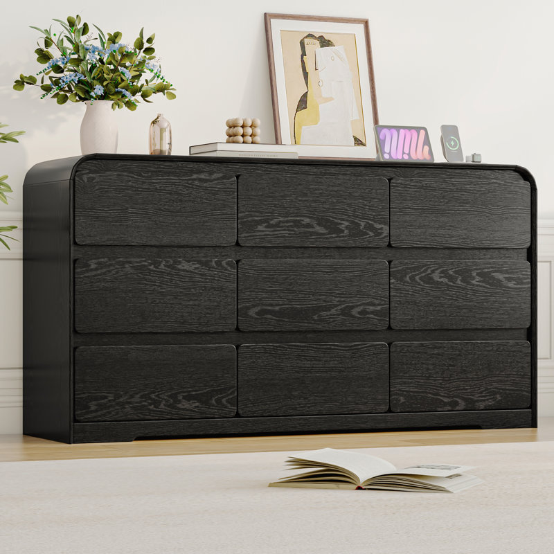 63" 9 Drawer Dresser With Charging Station, Rounded Corners, Black