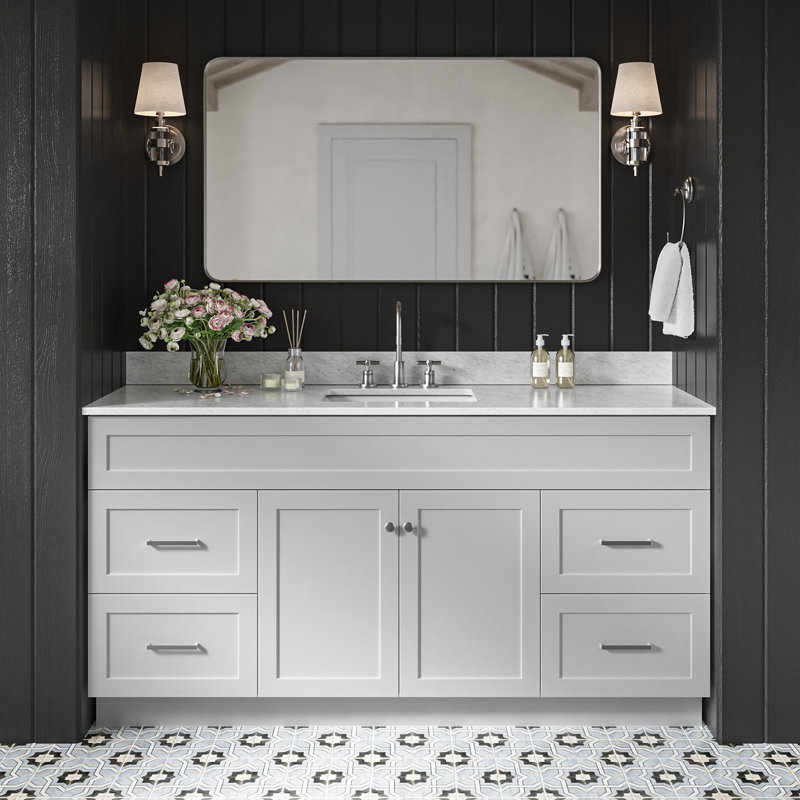 Partham 67" Single Pedestal Bathroom Vanity with Carrara Marble Top, Gris