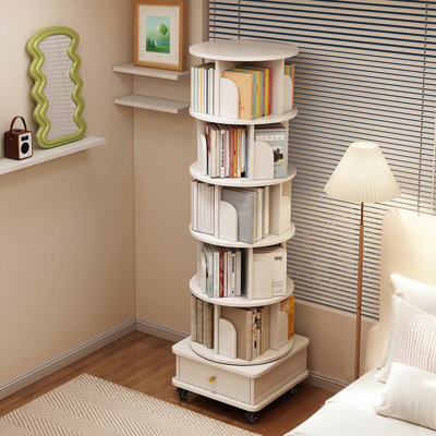 Bibliothèque rotative à 6 niveaux, bibliothèque rotative à 360 ° avec roulettes et tiroir, petite bibliothèque rotative pour la chambre à coucher, le salon, la maison et le bureau