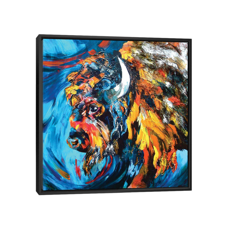 « buffalo », reproduction sur toile, H 18 po x l 18 po x p 1,5 po, Toile avec cadre flottant noir, Pas de tapis