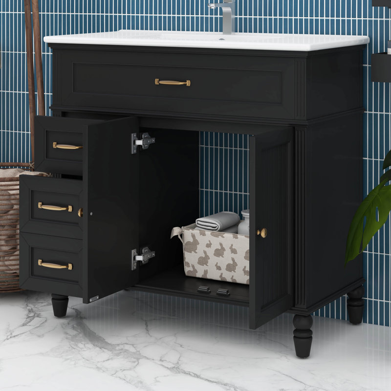 Meuble-lavabo 36 po avec lavabo en céramique, armoire de rangement avec 2 portes et tiroirs, pieds rétro, bois massif et panneau de fibres à densité moyenne