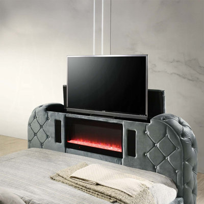 Grand lit Kana avec foyer, meuble télé et foyer à DEL, velours gris