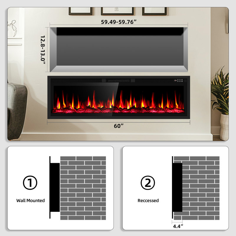 Recessed or Wall Mounted Electric Fireplace Heater, Touch Screen & Remote Control, 12 Flame Colors, 8H Timer