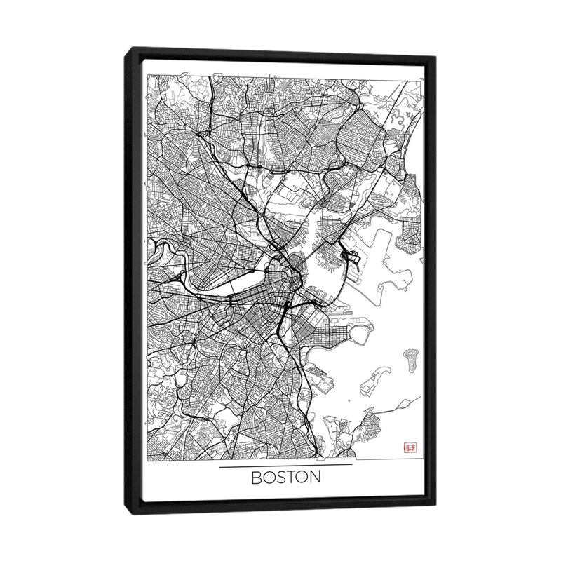 «Boston Minimal Urban Blueprint Map», impression sur toile, H 26 po x l 18 po x P 1,5 po, Toile avec cadre noir, Pas de tapis