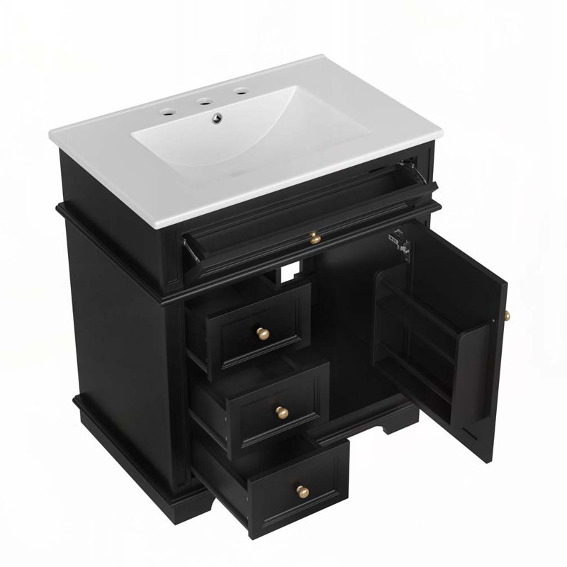 Meuble-lavabo 30 po avec lavabo en céramique, 3 tiroirs, tablette de porte, porte à fermeture douce, Noir