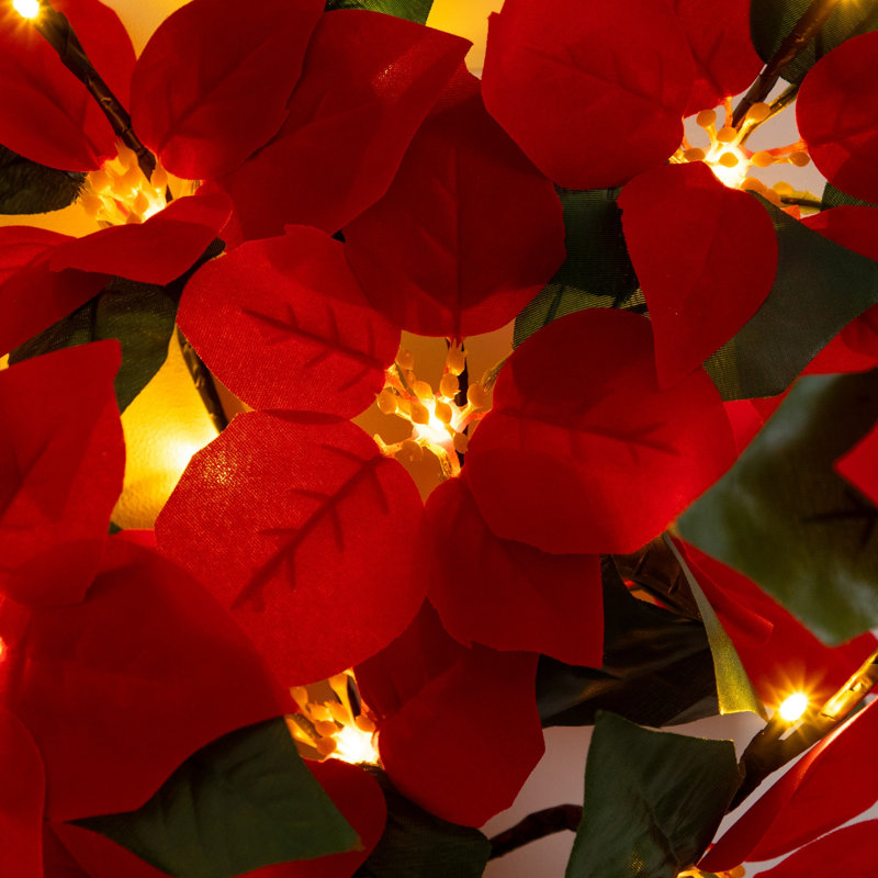 28 po Branche de poinsettia artificielle pré-éclairée avec 20 lumières DEL