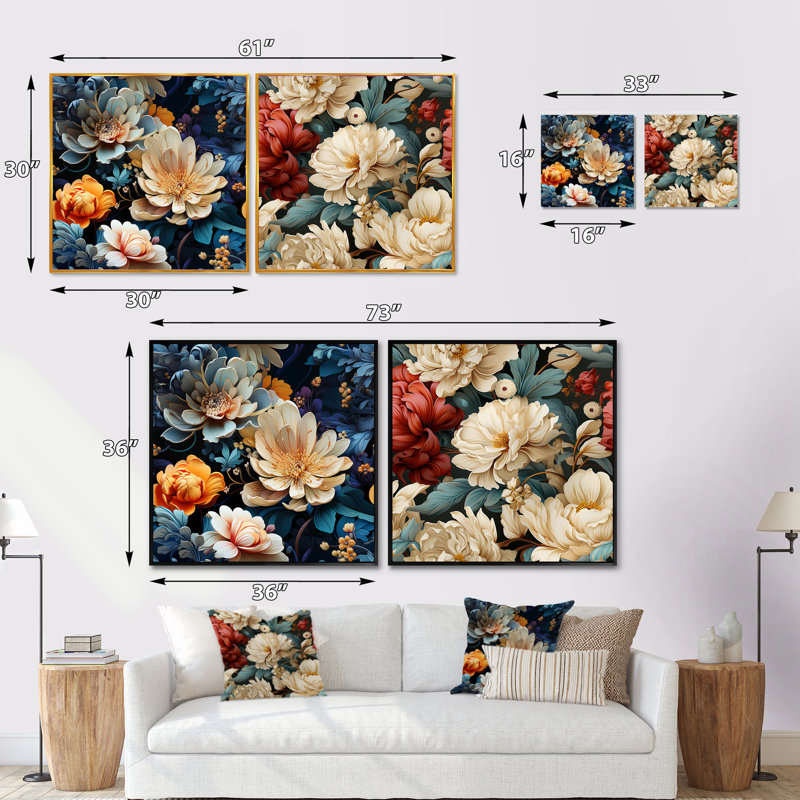 Beige orné Blooming Legacy Delight - ensemble de 2 collages floraux carrés, Cadre flottant doré, H 30 po x l 61 po