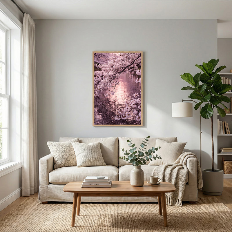 Art mural sur toile de fleurs de cerisier rose sur l'eau, H 48 po x l 32 po