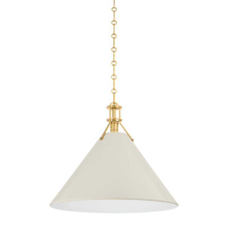 Painted No. 2 Pendant in Aged Brass and Blue Bird by Mark D. Sikes, 17.5" H x 21" W x 21" D, Off-White, Brass