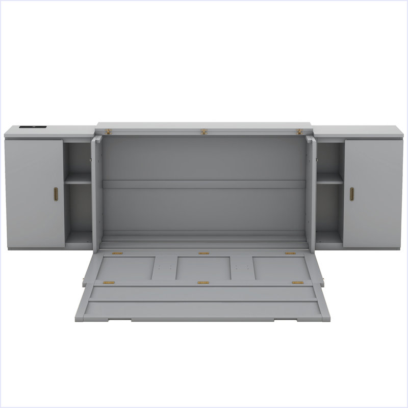 Lit escamotable avec tablettes, armoires et ports USB, Gris, Grand lit