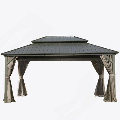 10' X 14' Hardtop Gazebo, Aluminum Metal Gazebo With Galvanized Steel Double Roof Canopy, Curtain And Netting, Permanent Gazebo Pavilion For Patio, Backyard, Deck, Lawn