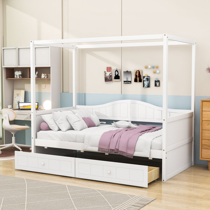 Twin Wooden Canopy Daybed with Built-In Backrest and Storage Drawers, White