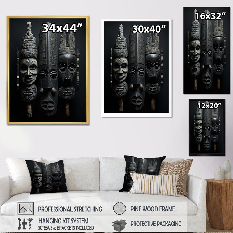 Masque africain sur toile Laesha, Cadre photo noir simple, H 44 po x l 34 po x P 1,5 po