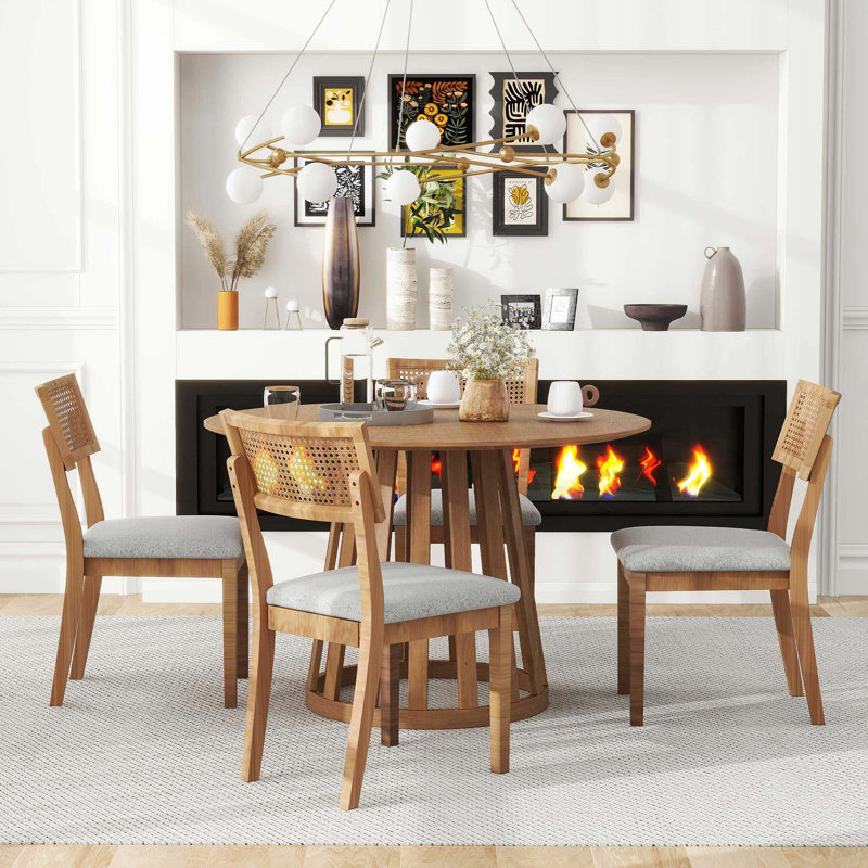 Ensemble de salle à manger 5 pièces avec 1 table ronde et 4 chaises rembourrées avec dossier en rotin pour la salle à manger et la cuisine