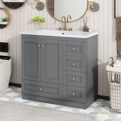 [Video]36 Inch Shaker Style Free-Standing Bathroom Vanity Cabinet With Sink, 4 Soft-Close Drawers And 2 Soft-Close Doors -  Myhomekeepers, YJYX14940A