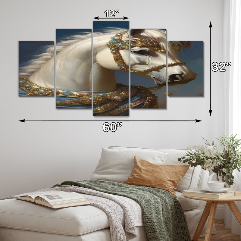 Portrait de majestueux cheval blanc - Art animalier sur toile, 5 panneaux