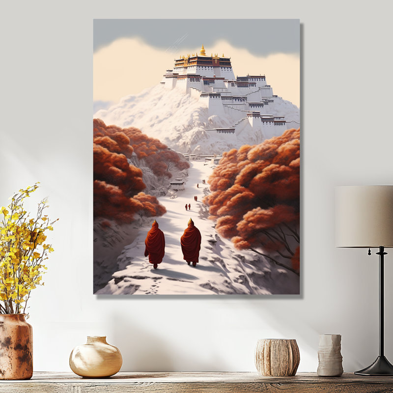 Moines rouges marchant vers le temple enneigé - Paysage d'hiver, Métal métal, H 20 po x l 12 po x P 1 po