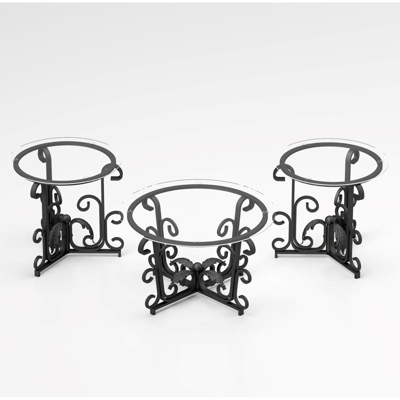 3 Piece Tempered Glass Surface Coffee Table Set, Decor Coffee Table Round End Side Table with Sturdy Construction for Living Room,Rustic Black