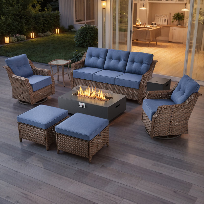 Acton 5-7 Person Outdoor Wicker Patio Family Conversation Set With Swivel Chairs And Metal Fire Pit, Blue
