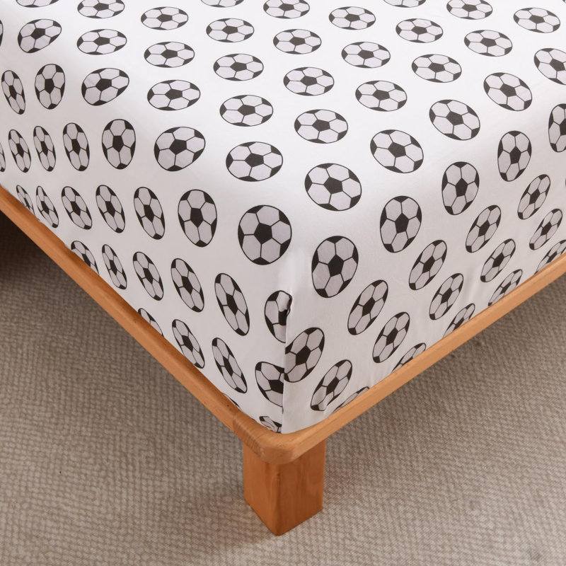 Kids/Teens Sports Fitted Sheet, 2-Pack – 2 Fitted Sheets + 4 Pillowcases (No Flat Sheet), White/Black Soccer Balls, Queen