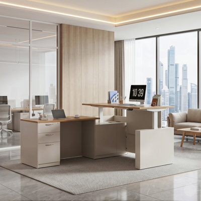 66.93'' L Shaped Executive Standing Desk With Pre-Assembled Frame & Lockable Cabinets, AC/USB