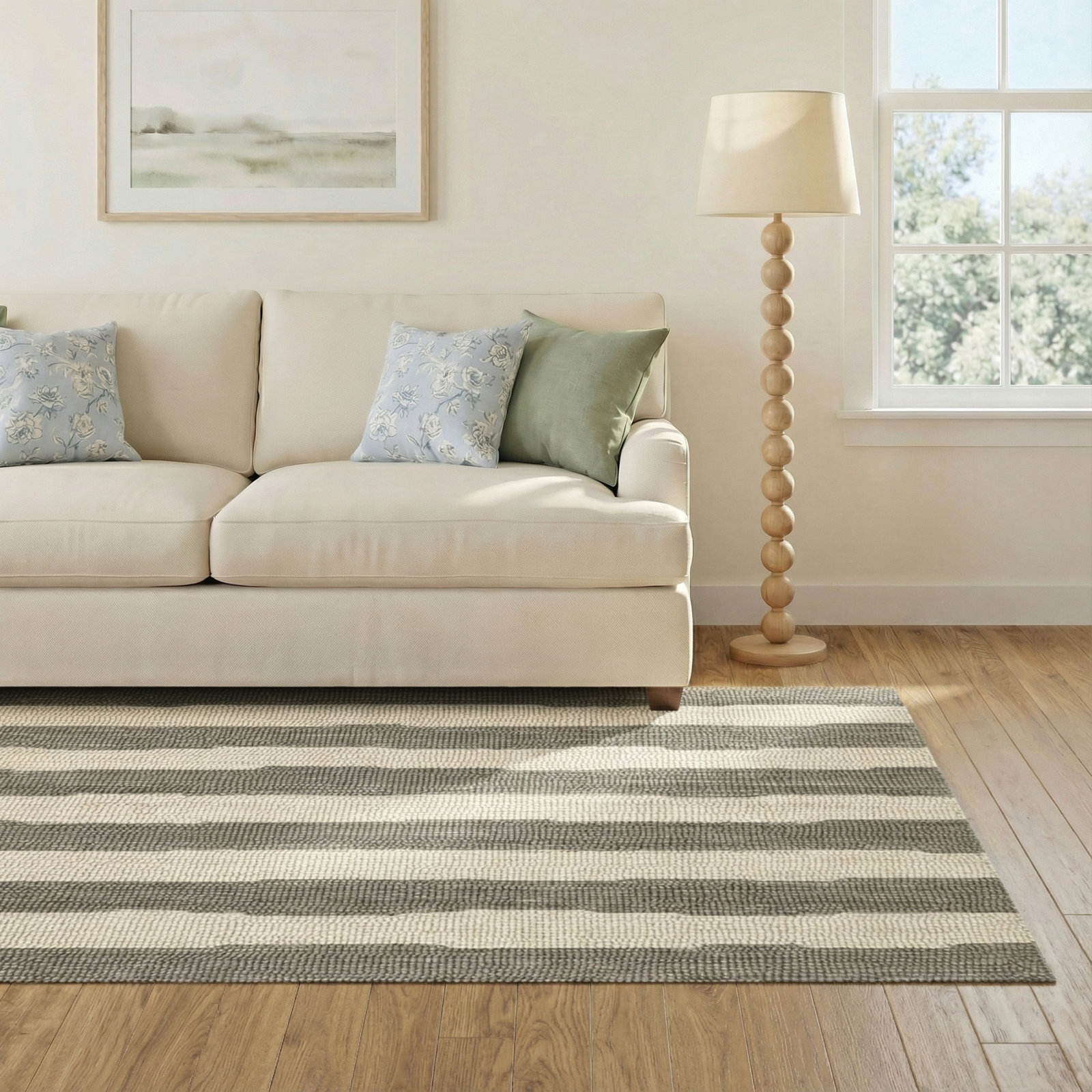 Grey Hand-Hooked Striped Wool Rug, Rectangle 5' x 8'