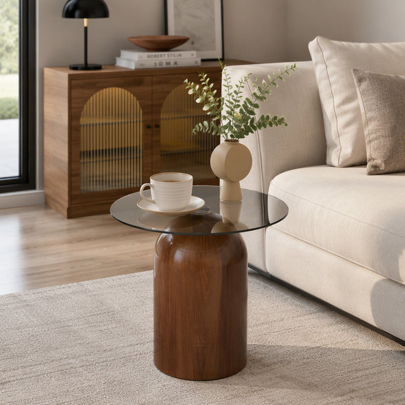 Petite table basse, table centrale ronde avec plateau en verre trempé, Noyer - 1pc
