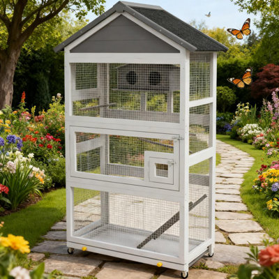 Volière et maison en bois avec plateau coulissant, échelle et perchoirs