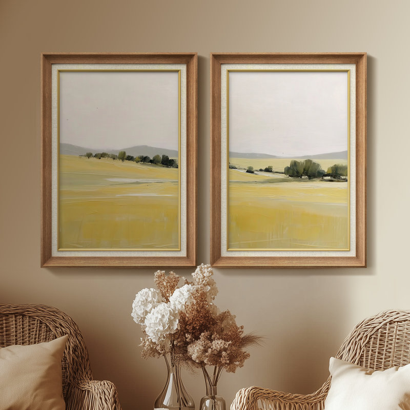«Meadow Fields Bright Serene Landscape», ensemble de 2 reproductions d'art encadrées sur papier de qualité supérieure 26 po x 36 po