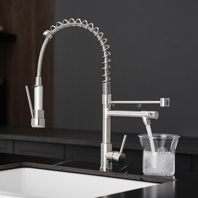 Robinet d'évier de cuisine à poignée simple, acier inoxydable, nickel brossé, pivot élégant à 360 degrés en nickel, tête de jet rétractable, design