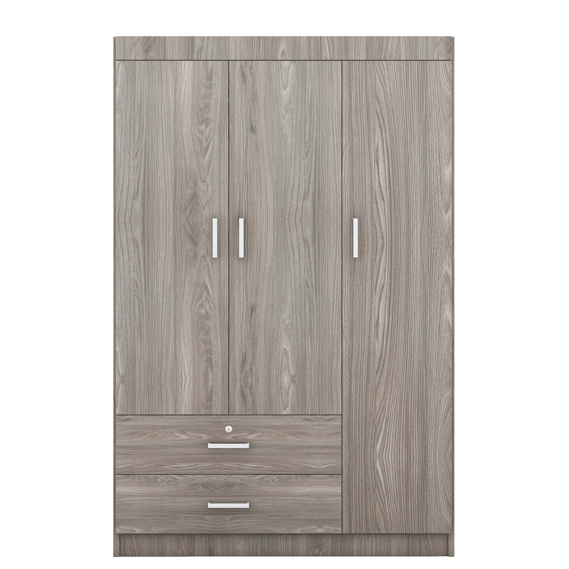 Garde-robe 2 tiroirs 3 portes, grain de bois gris, garde-robe calme de chambre à coucher, Grey