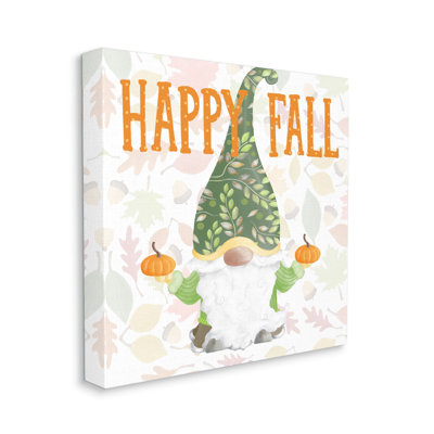" Happy Fall Patterned Gnome Holding Orange Pumpkins " by Andi Metz