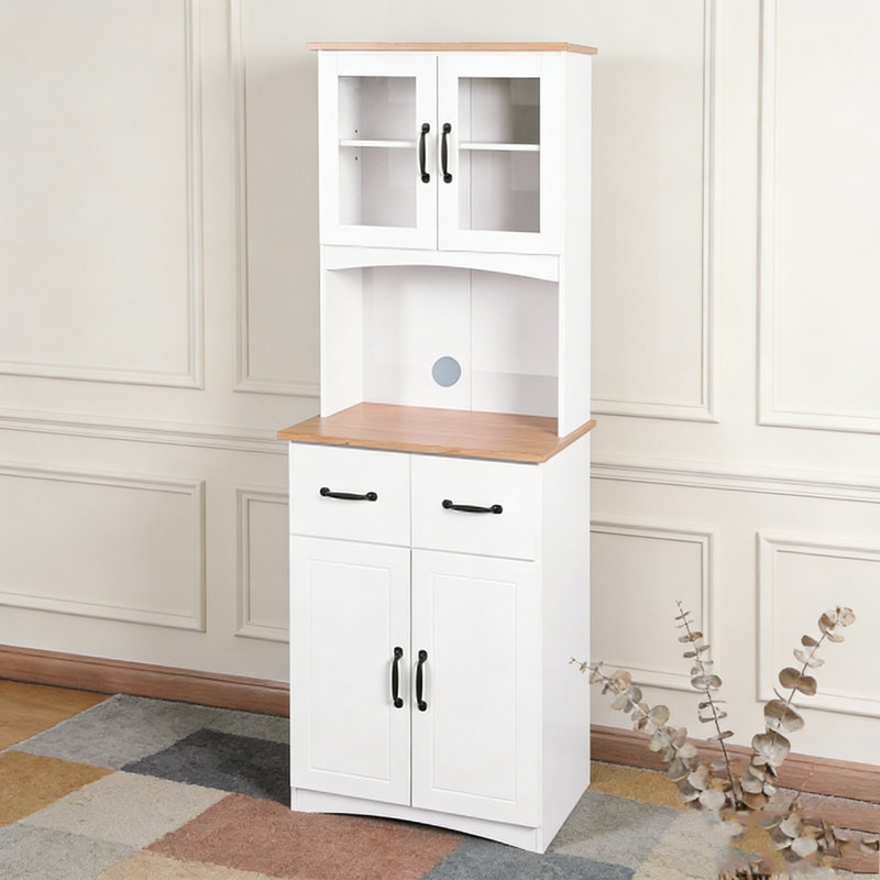 Armoire de cuisine en bois avec garde-manger et micro-ondes avec portes en verre encadrées et tiroir