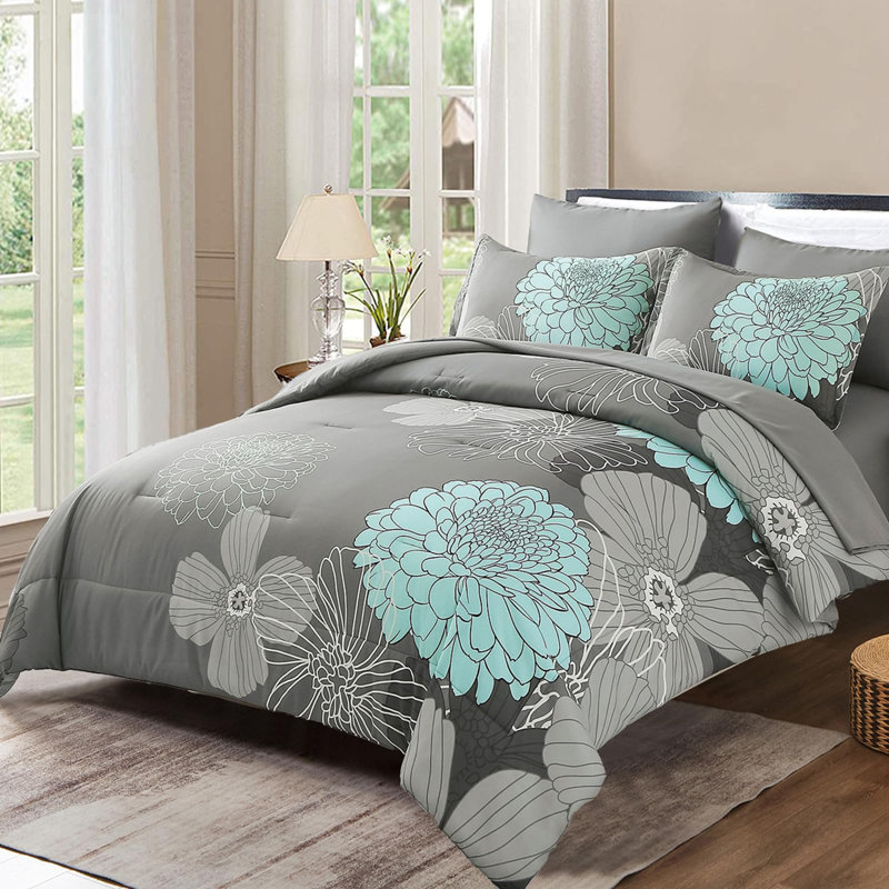 Ensemble d'édredon floral 7 pièces avec draps en microfibre et taies d'oreiller, Gris