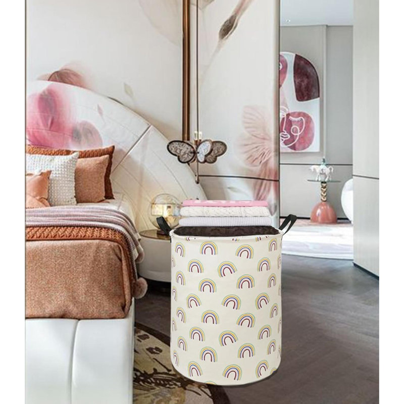 Round Rainbow Pattern Laundry Clothes Hamper Laundry Basket With Handles,Storage Organizer Bins Laundry Gift Basket For Room, Bedroom Decor