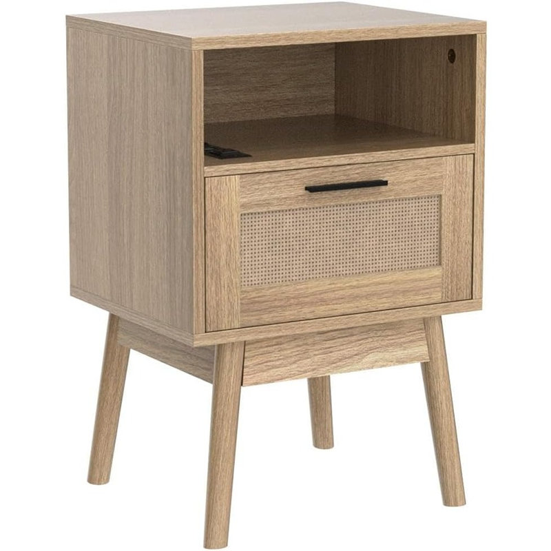 Table d'appoint Corrigan Studio® en rotin avec rangement et support de charge pour chambre à coucher et salon, paire de tables de bout de style Mid-Century moderne