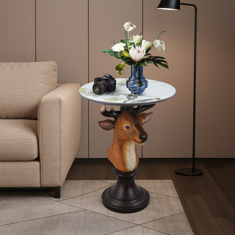 Table d'appoint avec tête de cerf et table d'appoint, H 25,57 po x l 11 po x P 19,67 po, Blanc / Brun
