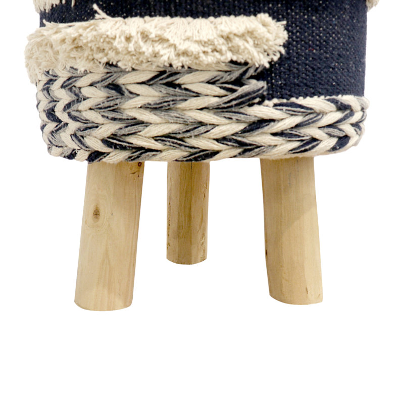 Navy and Beige Handwoven Cotton Shaggy Pouf