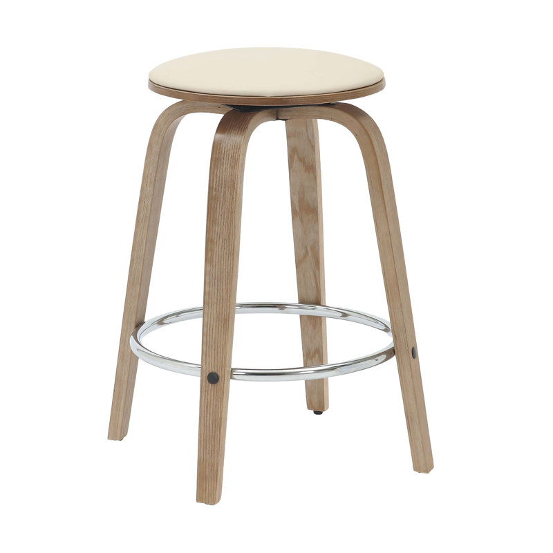 Hoxha Leather Round Counter Stool With Stained Poplar Wood Frame And 360-Degree Swivel Hoxha Collection, Taupe/Washed Walnut
