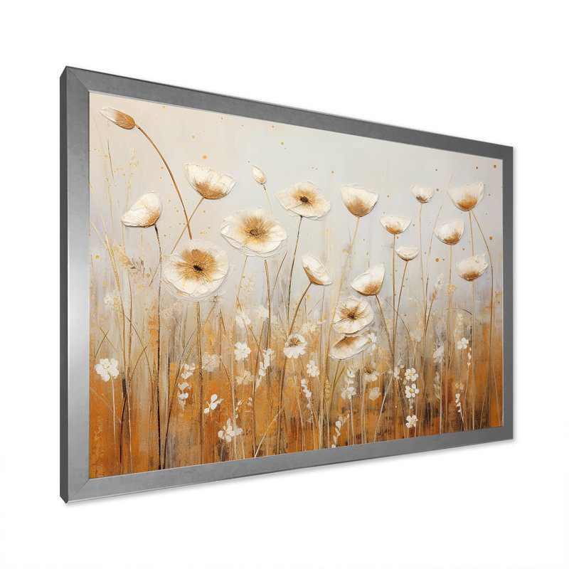 Beige fleurs de jardin murmures II, Cadre simple argenté, H 24 po x l 32 po x P 1 po