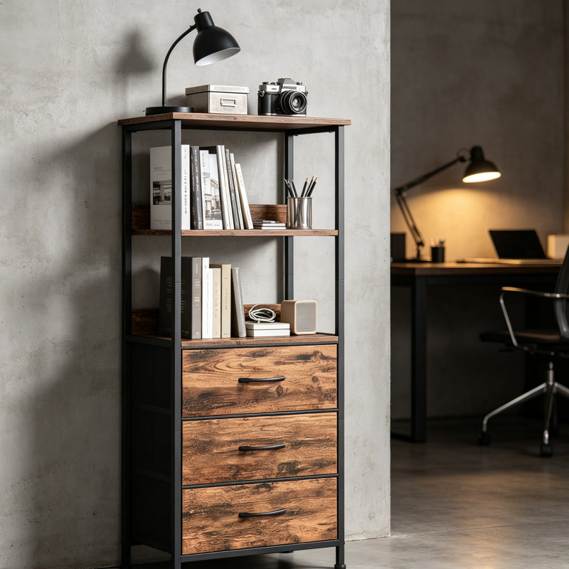 5-Tier Bookshelf with 3 Fabric Drawers, Modern Brown Storage Unit