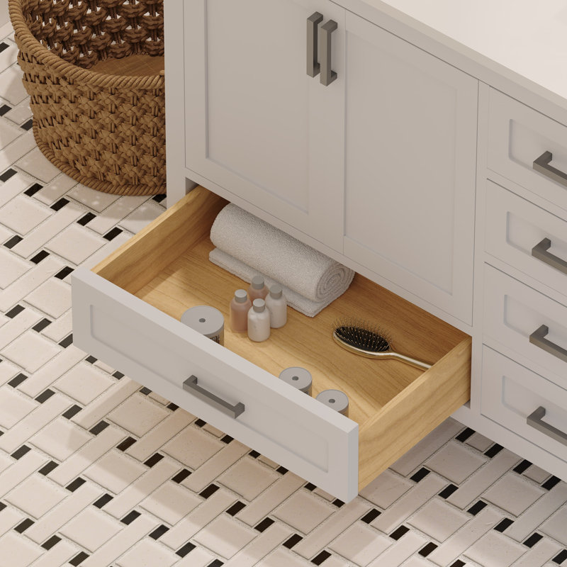 Meuble-lavabo double autoportant 72 po avec plateau en quartz blanc Rooh, Blanc
