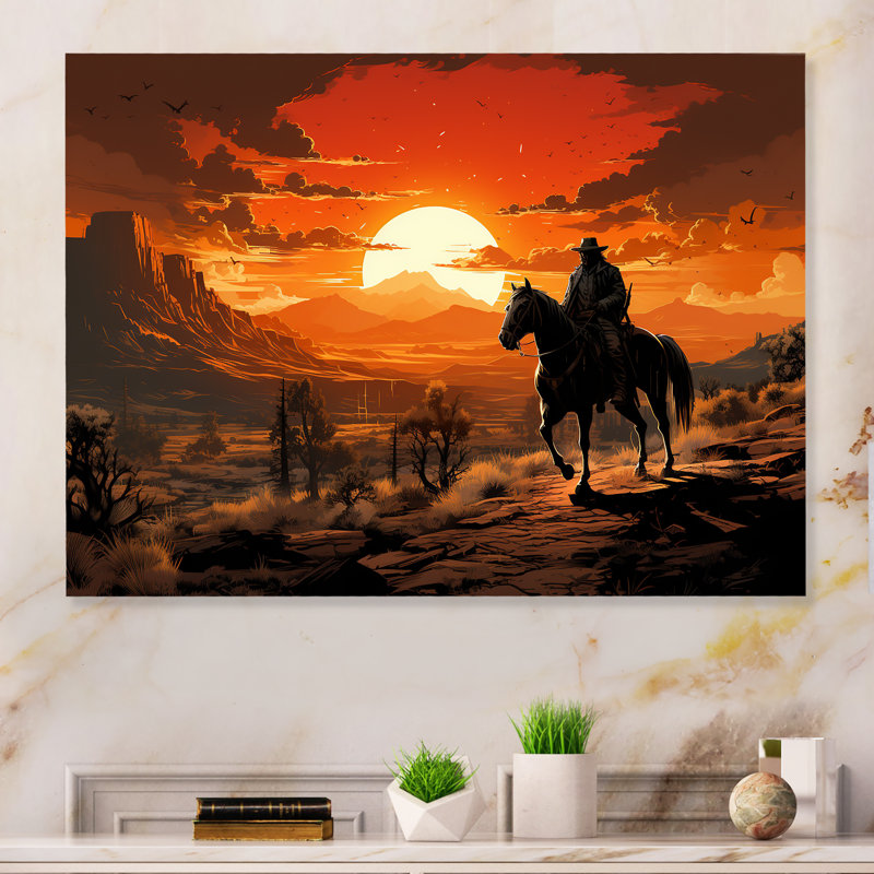 Coucher de soleil sauvage Westcowboy II - Cowboys, art mural en métal, H 24 po x l 32 po x P 1 po