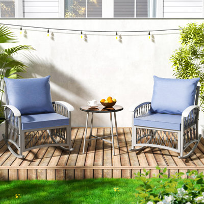 Rocking Chairs Set 3 Pieces Outdoor Patio Conversation Furniture Set With Glass Table & Thick Cushions For Backyard Porch Poolside Garden