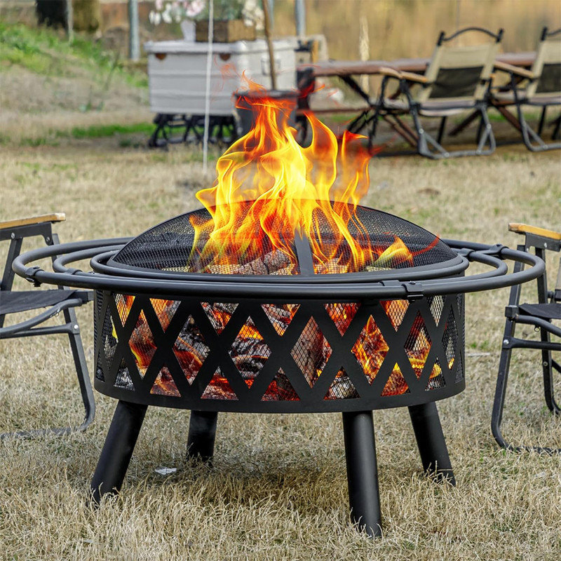 36 Inch Black Steel Outdoor Fire Pit with Spark Screen and Fire Poker