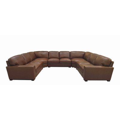 Oversized U-Shaped Brown Geniune Leather Match Sectional Sofa With Deep Seating & Modern Track Arms