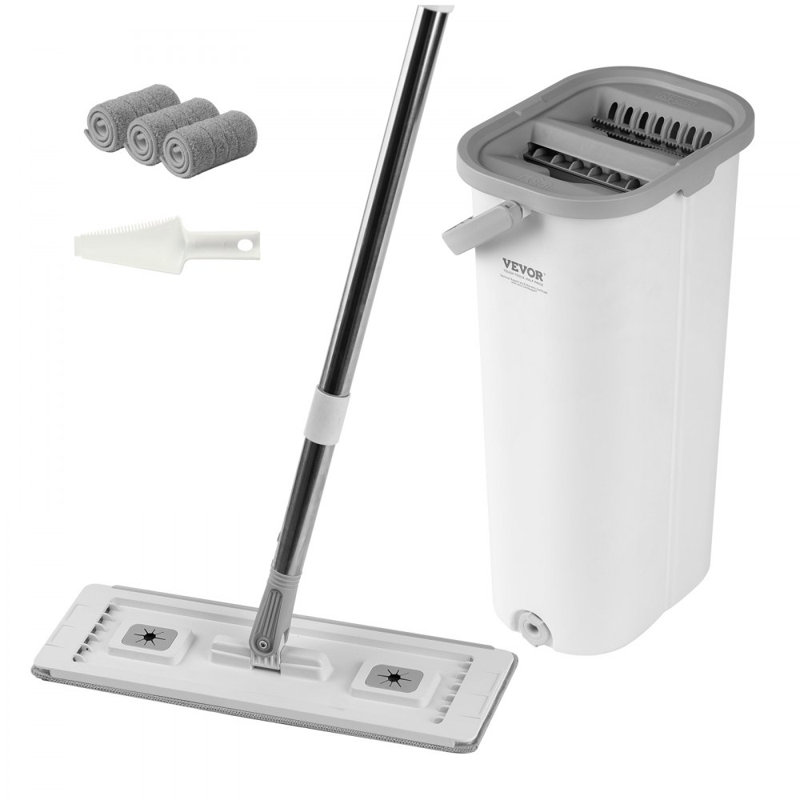 Vadrouille et seau avec essoreuse, utilisation humide et sèche, vadrouille plate et système de seau avec 3 tampons en microfibre lavables, vadrouille plate avec poignée en acier inoxydable, ensemble de seau pour vinyle en bois franc