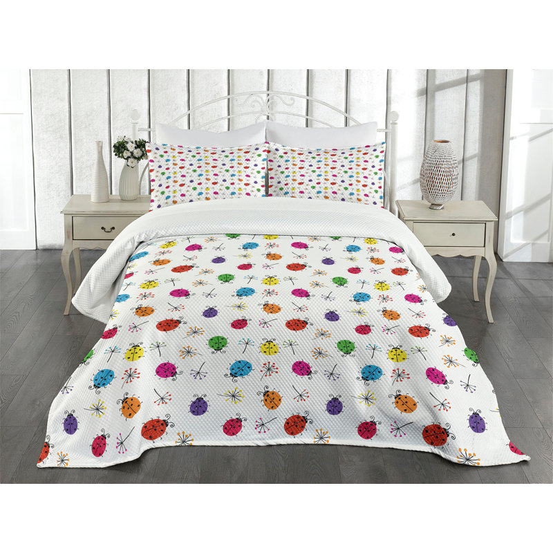 Ambesonne Ladybugs Bedspread Set  Dot Insects Illustration  Multicolor, King Coverlet / Bedspread + 2 Standard Shams