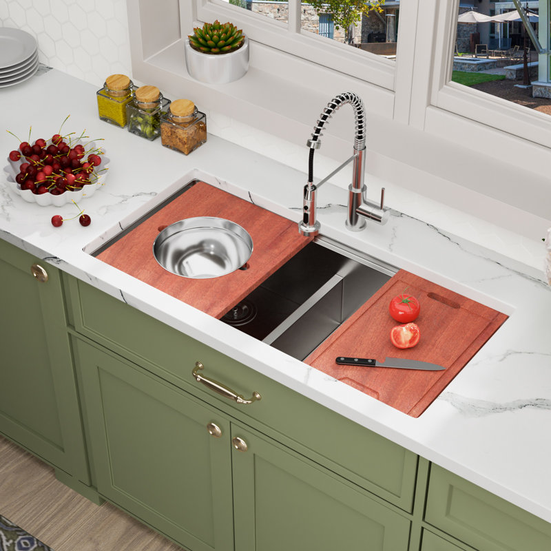 39" Undermount 50/50 Double Bowl Workstation Kitchen Sink Low Divided 10" Deep 304 Stainless Steel Kitchen Sink with Cutting Board and Colander